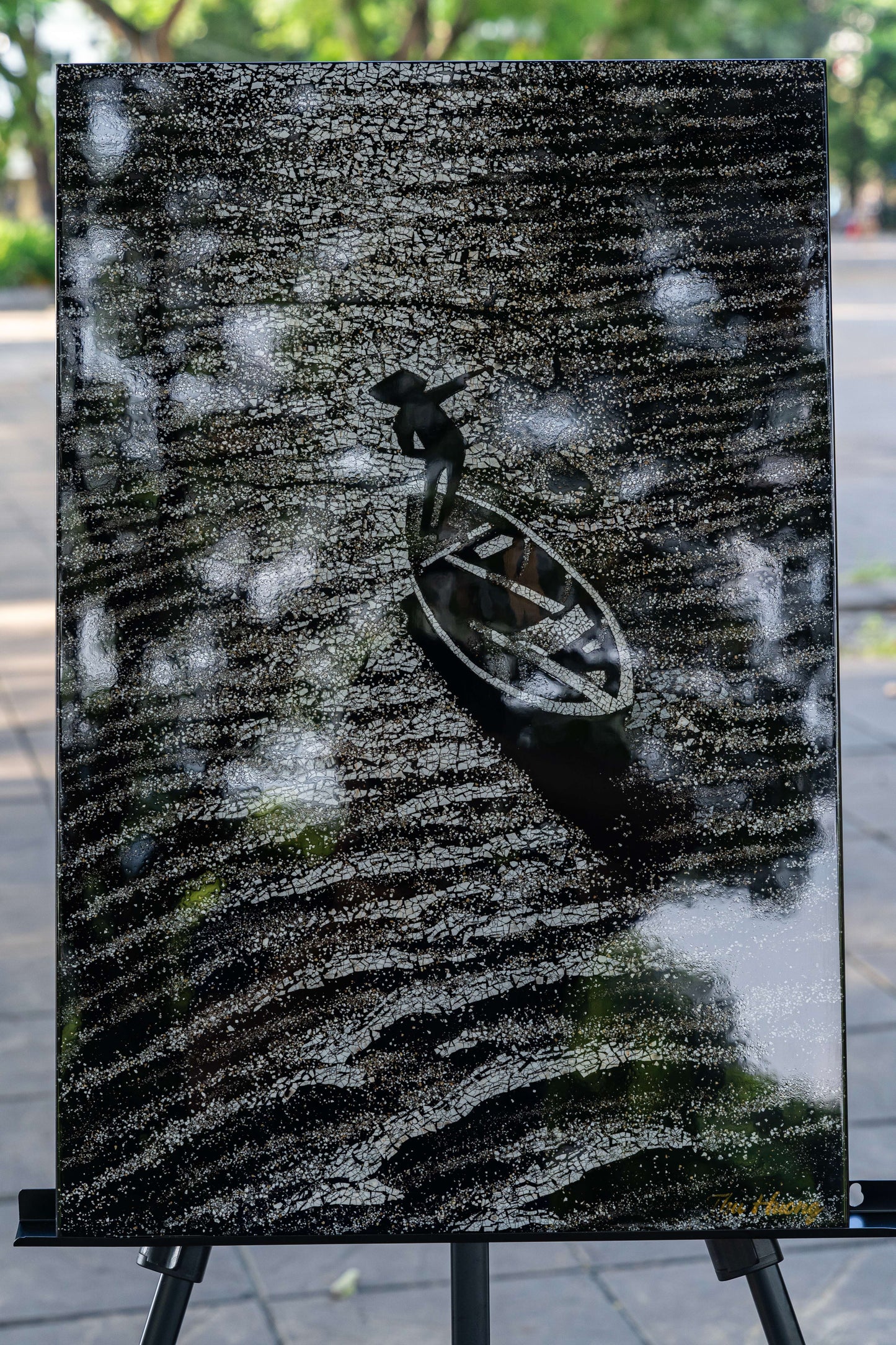 Twilight Fisherman on the Sampan - Lacquer Painting