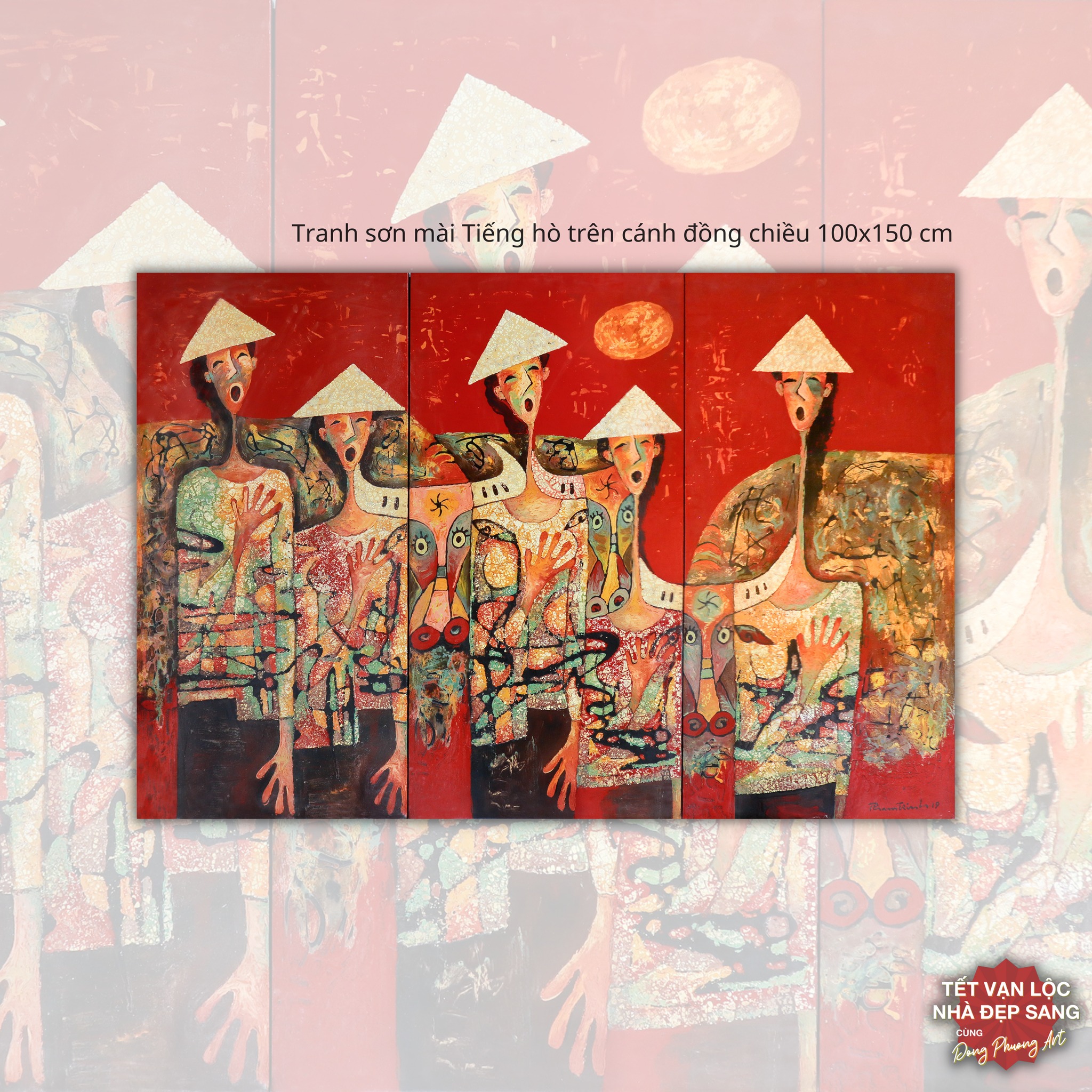 Tranh sơn mài “Tiếng hò trên cánh đồng chiều” của họa sĩ Phạm Trinh hiện đang có tại Đông Phương Art