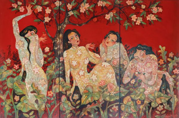 Tranh sơn mài Phạm Trinh - Những cô gái và mùa xuân